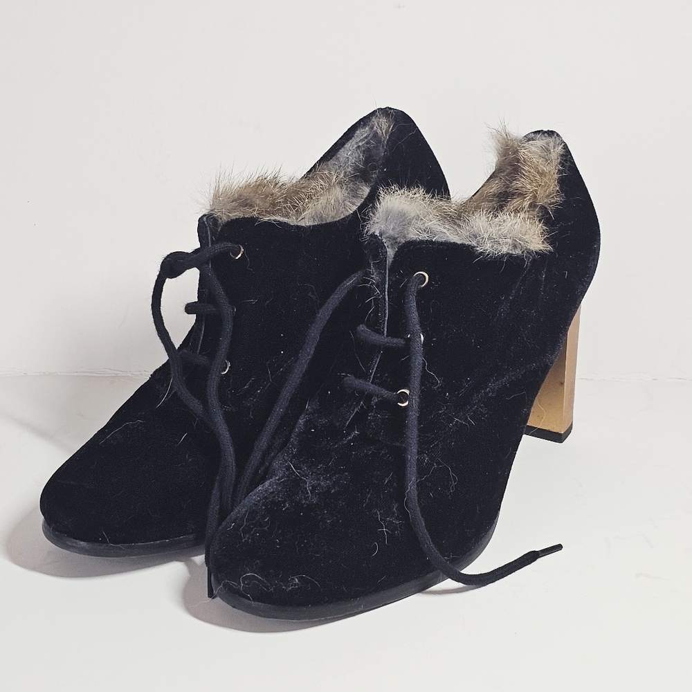 Baldinini Watercolor Heel Velvet Black Lace Up Ankle Bootie Rabbit Fur